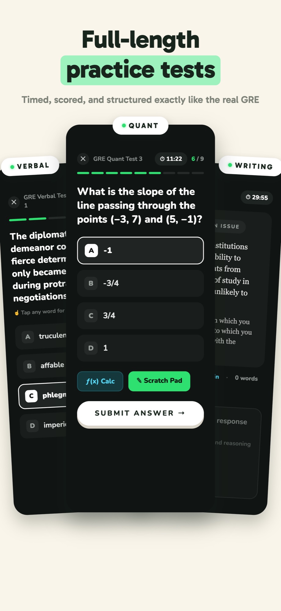 Full-length GRE practice tests, timed and scored