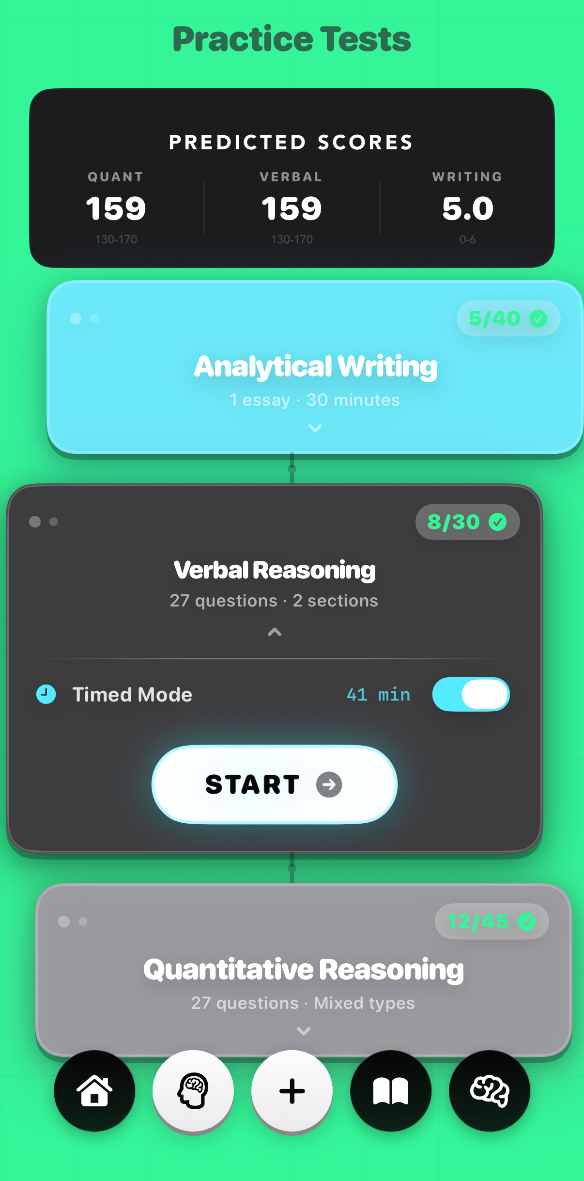 nerzia GRE app — practice tests with predicted Quant, Verbal, and Writing scores