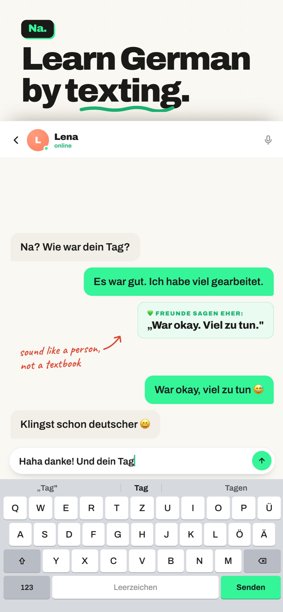 Learn German by texting — chat with Lena, corrected like a friend