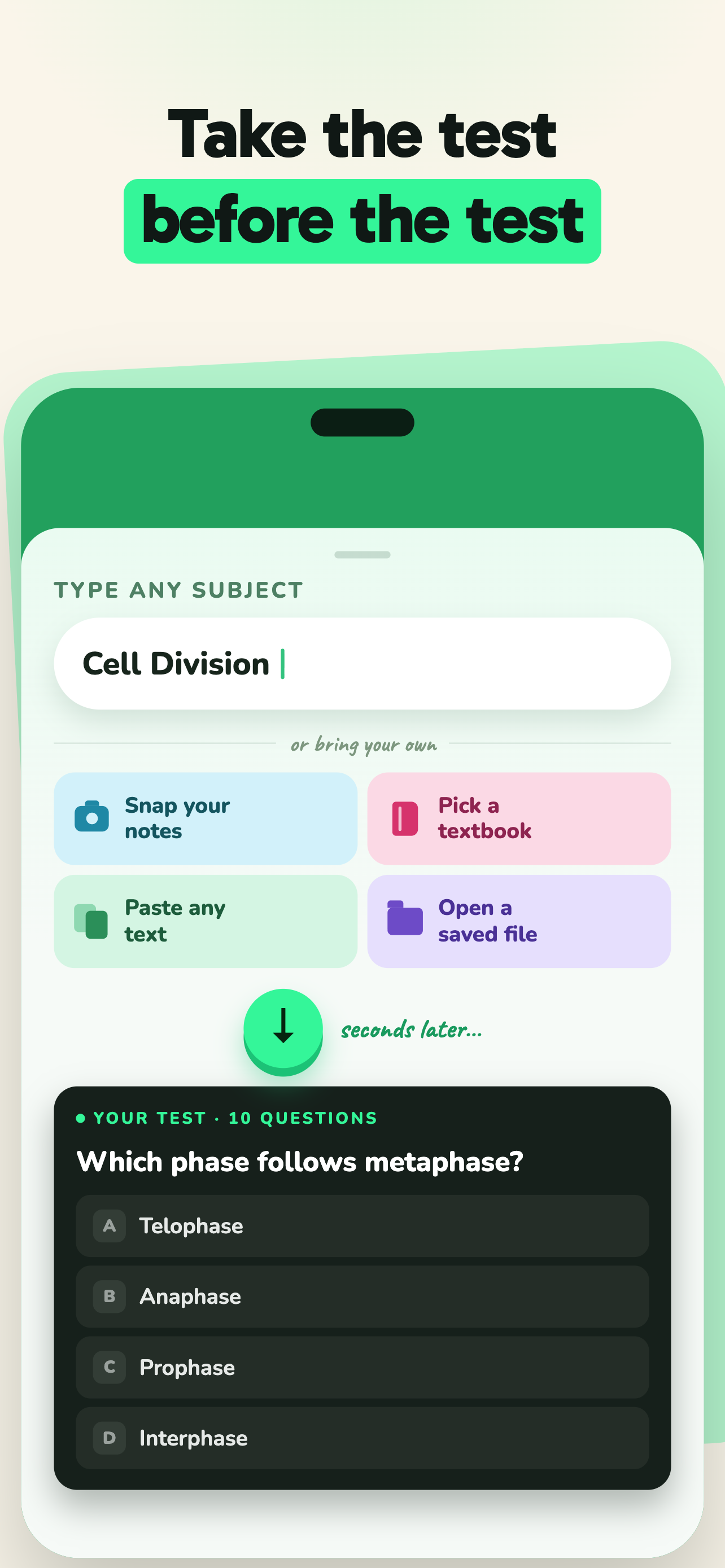 Type any topic, get a test